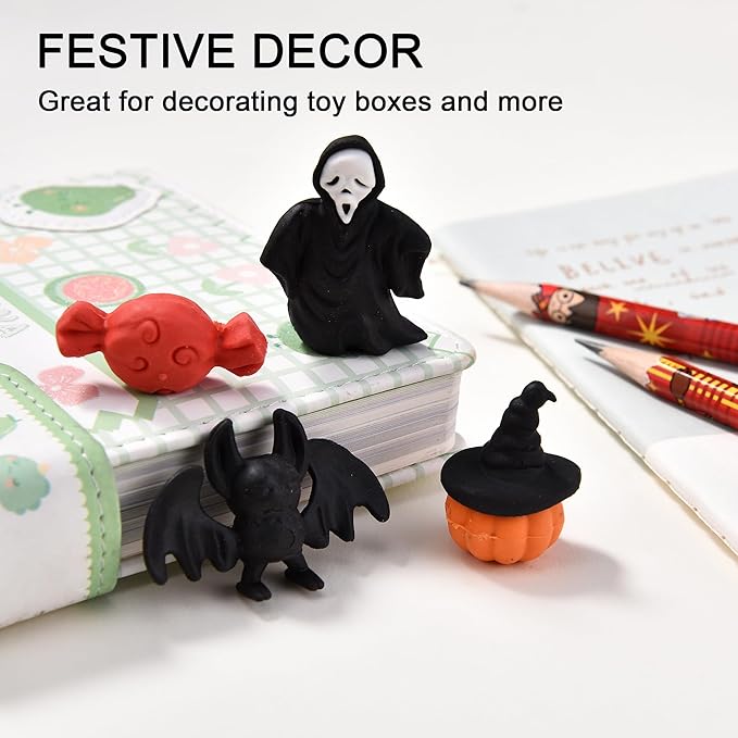 HILAZA 3D Halloween Erasers for Kids, 16Pcs Cute Pumpkin Ghost Bat Erasers Bulk for Goody Bag Filler Gifts Halloween Party Favors