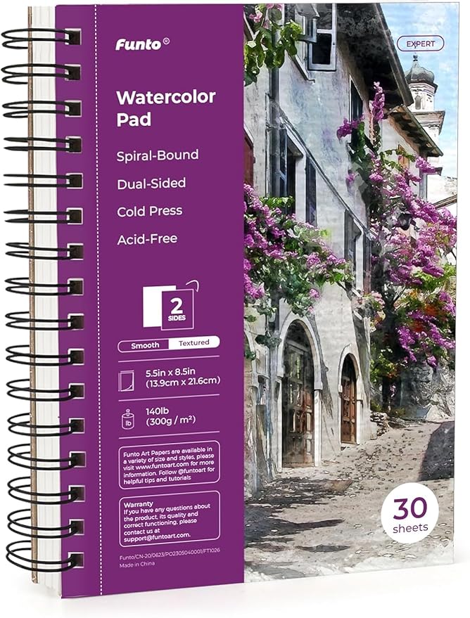 Funto Watercolor Pad 5.5x8.5, 30 Sheets, 140lb/300gsm, Double-Sided Cold Press, Spiral Bound, Heavyweight Paper for Watercolor Painting