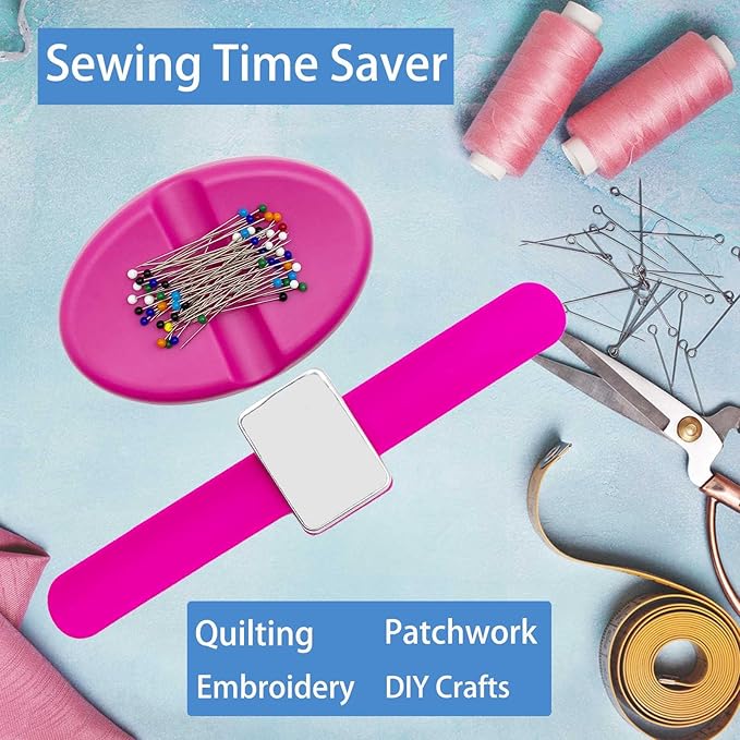 Hilltian 2 Pieces Magnetic Pin Cushion, Magnetic Pin Holder with Pin Cushion Wristband for Sewing, Pink