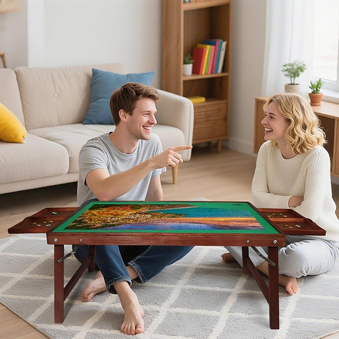 1000 Piece Puzzle Table with Legs, 29.7" x 22.2" Wooden Jigsaw Puzzle Board with Drawers, Cover & Felt, Portable Puzzle Table with Folding Legs for Adults and Teens, Christmas Birthday Gift