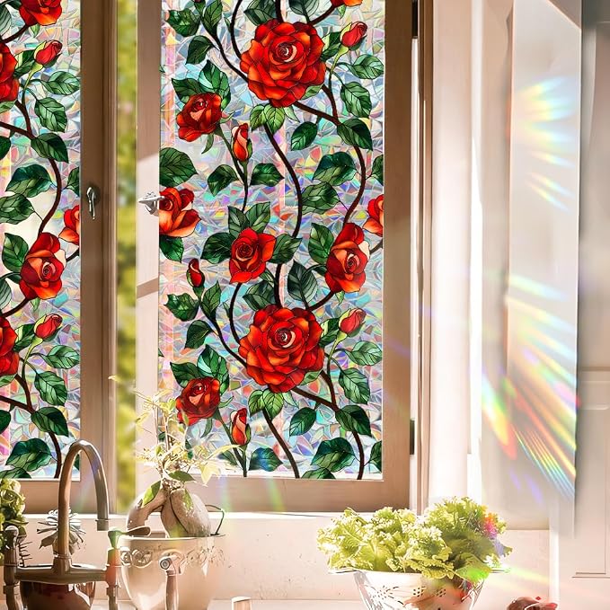 Bloss 3D Rose Stained Glass Windows Film Gothic, 17x78.7Inch Rainbow Floral - Image 8