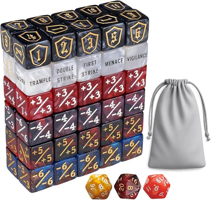 63 Pieces MTG Dice Counters Bulk Ability Keywords MTG Tokens Shield Life Counter 6 Sided Dice Set for MTG,TCG,Cards Gaming Accessories