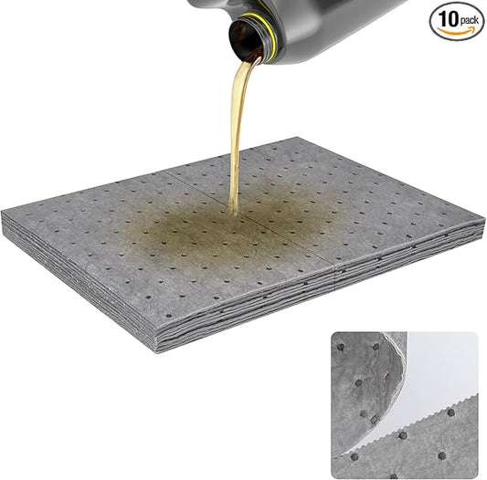 10PC Oil Absorbent Pads | 13"X10" Meltblown Polypropylene Mats, Hand-Tear Lines for Automotive & Workshop | Vacuum Eco-Packaging, Reusable Spill Control