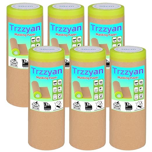 12Inchx50Feet Pre-Taped Masking Paper Roll - Heavy Painters Paper with Adhesive, Tear-Resistant for Auto Body, Wall Painting, Floor Protection, Furniture&DIY Projects(6 Roll) (6, 12inch*50feet)