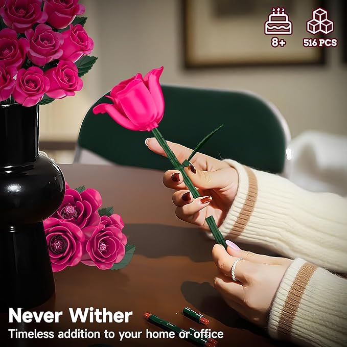12 Everlasting Roses Bouquet Building Set, Gothic-Style Botanical Diary Series, Includes Heart-Shaped Gift Box Base, The Best Gifts for Your Wife and Family on Birthdays and Holidays (516 PCS)