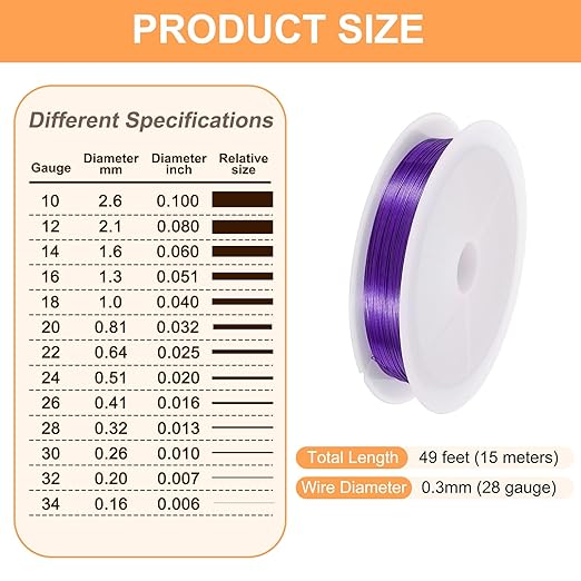 HARFINGTON 49ft Jewelry Wire, 28 Gauge (0.3mm) Brass Craft Soft Metal Tarnish Resistant Copper Beading Wire for Jewelry Making Supplies Crafting, Purple
