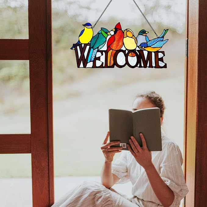 6 Birds Stained Glass Welcome Sign - Image 7