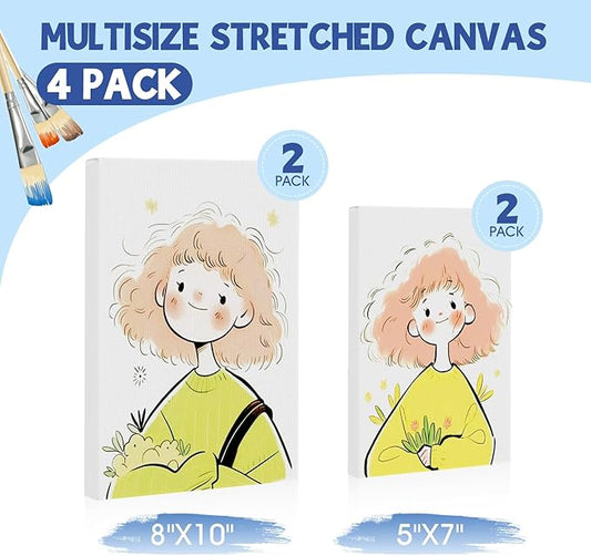 FUMILE Stretched Canvas for Painting, Canvases for Painting Multi 4 Pack 5x7,8x10 (2 of Each), Cotton Primed Acid Free Blank Canvases for Painting for Oil Paint, Acrylic Paint, Gouache and Tempera.