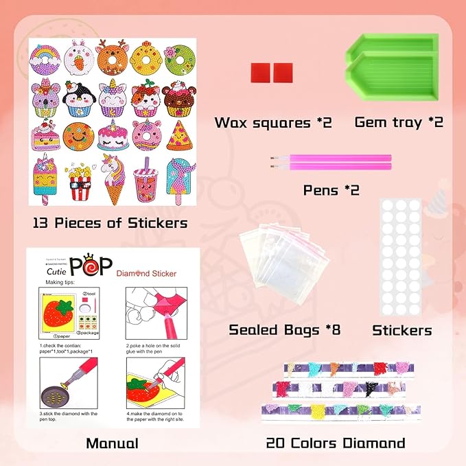 Cymbana Diamond Painting Kits for Kids 20 Pcs Desserts Contains Cupcake, Donut, Ice-Cream, Popcorn, Cookies