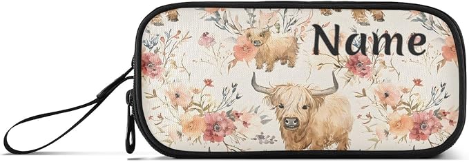 Custom Cute Highland Cows Flowers Pencil Case Box Boys Girls Personalized Name - Image 8