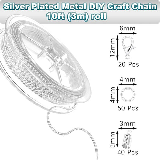 Jishi 33ft Silver Snake Chain 1.2mm Jewelry Making Chains for Necklace Bracelet DIY Jewelry Supplies Findings - Silver Plated Round Snake Cable Chain Link Roll w/Lobster Clasps, Cord Ends & Jump Rings
