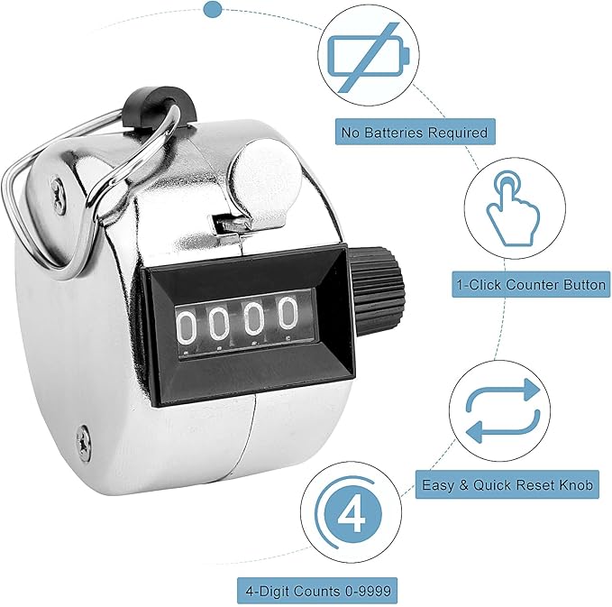2 Pack Hand Tally Clicker Counter – 4 Digit Metal Mechanical Hand Counter with Lanyard for People Counting, Lap Tracking, Knitting, Pitch, Golf, Coaching, Umpire, Events