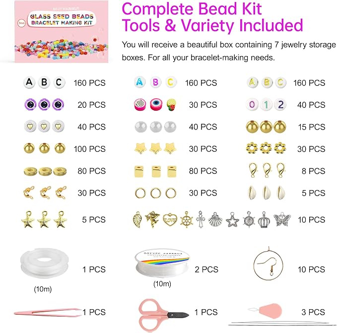 Redtwo 3mm 44500pcs 144 Colors Glass Seed Beads Kit | 7 Boxes Small Beads - Image 3