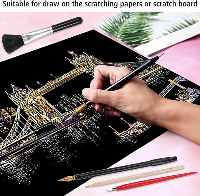 14Pcs Scratch Art Tools, Dual Tip Scratch Coloring Stylus Paper Art Kit for Adults, Complete Scratch Art Tools Set for DIY Painting and Drawing