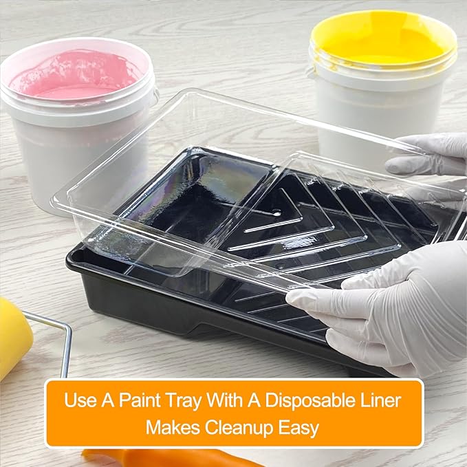 Great Andrew 12 Pack Paint Tray Liners 7 Inch, 1 PC Sturdy Plastic Tray with 11 PCS Disposable Paint Tray Liners, Paint Roller Trays, Paint Pan Liners for DIY Painting Projects, Walls, Furniture