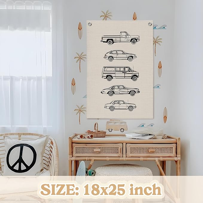 Toddler Boy Room Decor, Vintage Car Linen Canvas Banner, Retro Car Room Decor Wall Hanging Flag Banner for Little Boy Bedroom,Playroom Nursery 18x25 Inch