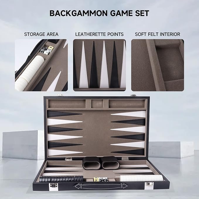 GSE Games & Sports Expert Premium Leather Backgammon Board Game Set, Classic Backgammon Game Set with Leather Case, Travel Folding Board Game (Black&Grey, Medium)