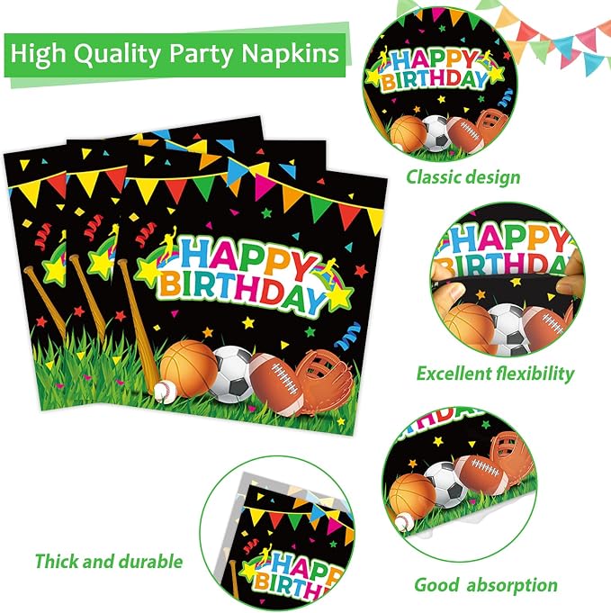 200 pcs Happy Birthday Party Plates and Napkins Kit Sports Themed Birthday - Image 4