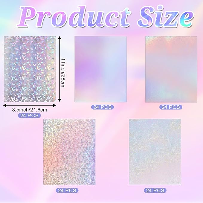 120 Sheets Holographic Sticker Paper, Vinyl Waterproof Laminating Sheets Self-Adhesive Overlay Laminate Sticker Transparent Rainbow Laminate Film 5 Styles Mixed (11 × 8.5 Inch)