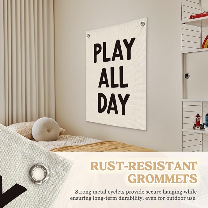 Playroom Wall Decor Linen Canvas Banner,Play All Day Wall Hanging Flag Banner for Kids Nursery and Playroom Wall Decor,Stylish Room Decor for Boys and Girls 18x25 Inch