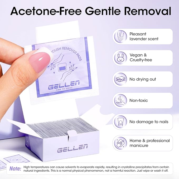 Gellen 200 Pack Nail Polish Remover Pads, 100% Non-Acetone, Travel Individually Wrapped Remover Pads for Regular Nail Polishes & Gel Polish, Lavender Oil No Drying Out for Home Salon
