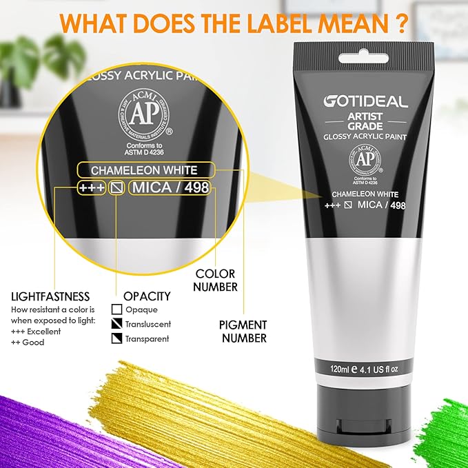 GOTIDEAL Iridescent Acrylic Paint Chameleon White Tubes(120ml, 4.1 oz) Non Toxic Non Fading,Rich Pigments for Painters, Adults & Kids, Ideal for Canvas Wood Clay Fabric Ceramic Craft Supplies