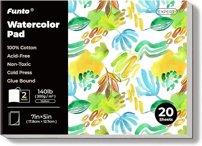 Funto Watercolor Pads, 100% Cotton, 20 Sheets, 7X 5, 140lb/300gsm, Glue Bound, Double-Sided, Easy Tear Heavyweight Art Paper for Painting