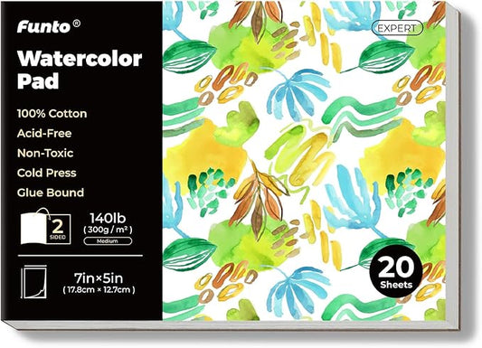 Funto Watercolor Pads, 100% Cotton, 20 Sheets, 7X 5, 140lb/300gsm, Glue Bound, Double-Sided, Easy Tear Heavyweight Art Paper for Painting