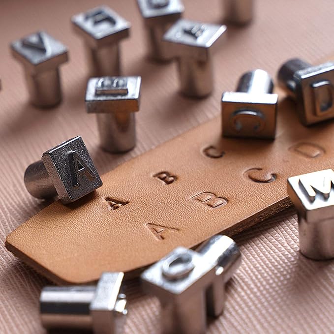 26 PCS Capital Leathercraft Metal Letter Stamps Punch Set, 1/4”(6mm) Steel Printing Punch Alphabet Letter Stamp Tool Capital Letters Printing Copper with A Pole,DIY Kit