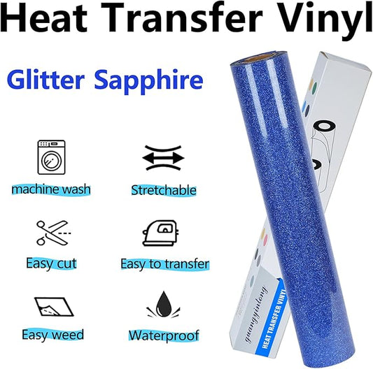 guangyintong Glitter Blue Heat Transfer Vinyl HTV Rolls, 12" x 8ft Iron on Vinyl for T-Shirts Glitter Blue HTV Vinyl for All Cutter Machines Easy to Cut & Weed for Heat Vinyl Design