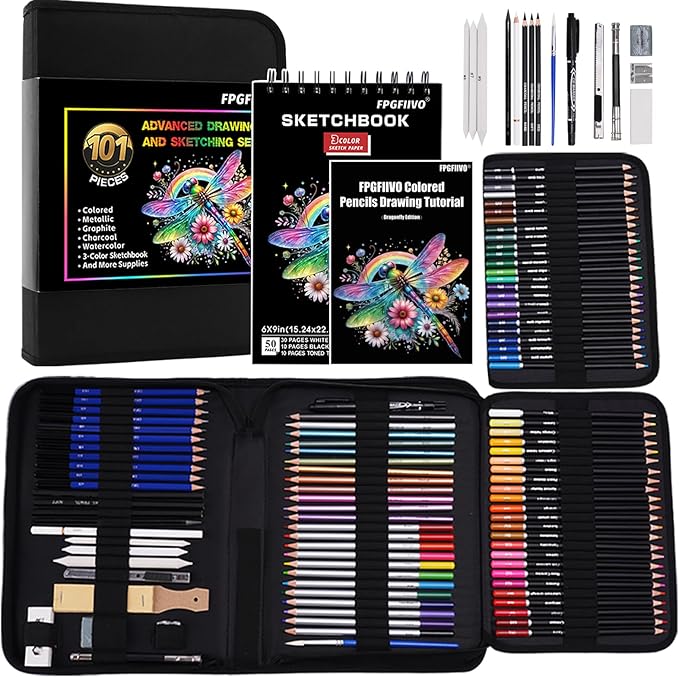 FPGFIIVO 151 Pcs Sketch Art Set, Art Supplies with 3-Color Sketchbook and Tutorial, Colored, Watercolor, Metallic, Graphite, Charcoal Pencils, Drawing Set Gifts for Artists Adults Kids Teens Beginner