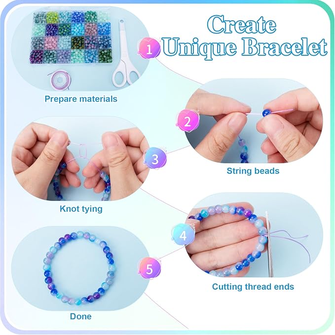 XSEINO About 1200+ pcs 6mm Glass Beads Bracelet Making Kit, 24 Assorted Blue - Image 5
