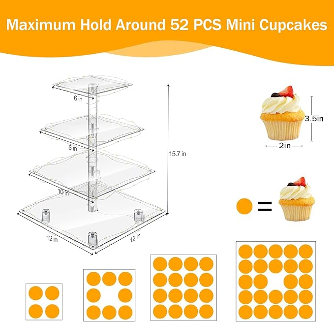 YestBuy Cupcake Stand with Yellow LED Lights, 4 Tier Cupcake Stand - Image 5