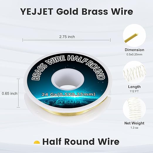Ultra-Fine 24 Gauge Brass Wire Half Round 0.51x0.25mm - 1.3 oz 112 Feet for Detailed Jewelry, Clockmaking