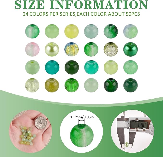 XSEINO About 1200PCS 6mm Glass Beads Bracelet Making Kit, 24 Assorted Green - Image 2