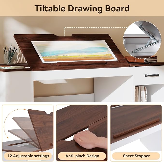 Verano Garden 55.1" Drafting Table, Craft Art Table, Computer Desk | Storage - Image 4