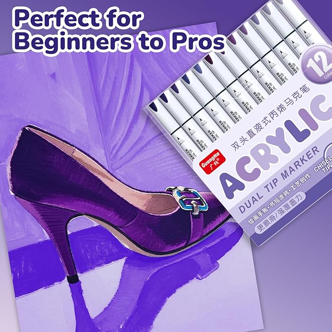 Guangna 12 Purple Dual Tip Acrylic Paint Markers, Brush Tip & Chisel Tip Acrylic Paint Pens for Rock, Wood, Glass, Paper, Coloring Book, Ceramic, Canvas, Water-Based Ink