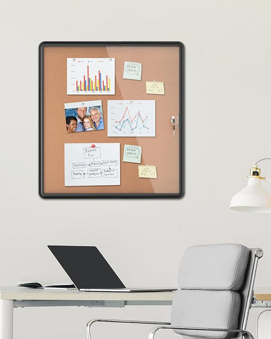 28"x26" Enclosed Bulletin Board, Lockable Weather-Resistant Aluminum Cork Noticeboard for School & Office, Black Frame w/Cork