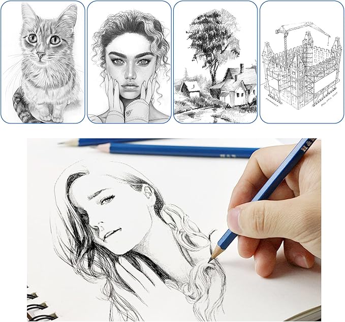 H & B 12 PCS Pencil Drawing Kit, H-4H, F, HB, B-6B Graphite and Charcoal Sketch Pencil Set for Beginners, Professional Artists