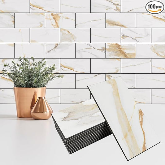 100 Pieces Peel and Stick Backsplash for Kitchen, 3" x 6" PVC Subway Tile Upgraded Calacatta Gold with Dark Gray Grout Backsplash Stick on Tile Elevate Kitchen, Bathroom, Fireplace,RV