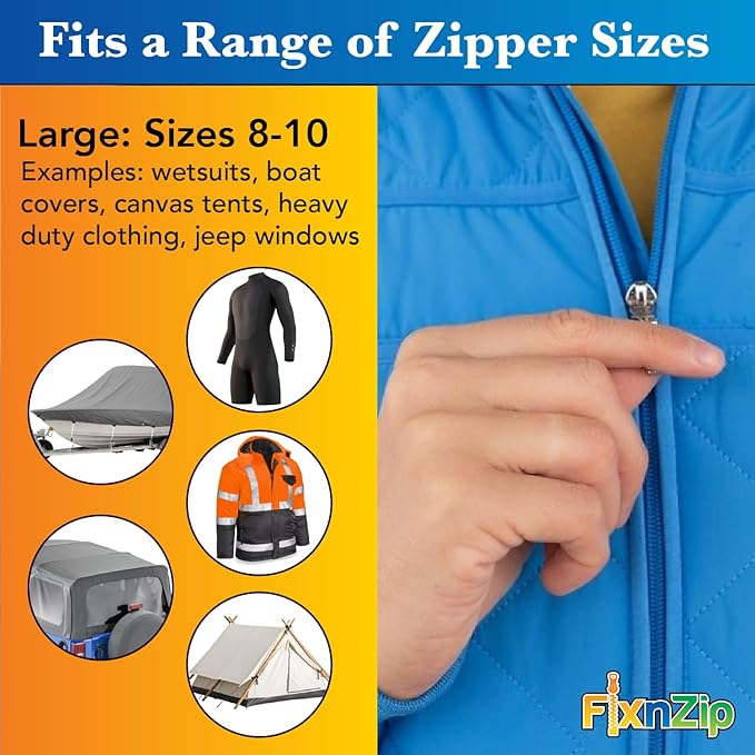 FixnZip (Large, Black Nickel) - See Size Guide - Universal Zipper Repair Kit for Wetsuits, Luggage, Zipper Replacement Repair Kit - Instant Zipper Fix