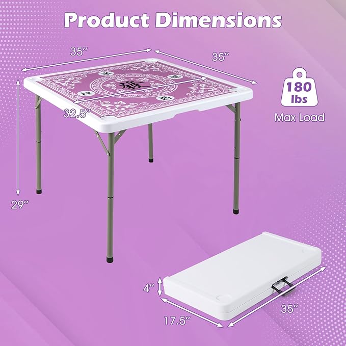 Giantex Folding Mahjong Table, 35" Square Card Table with Cup Holders, Removable Noise Reduction Mat, HDPE Tabletop, 4-Player Portable Domino Tables for Poker Blackjack Board Game (Pink)