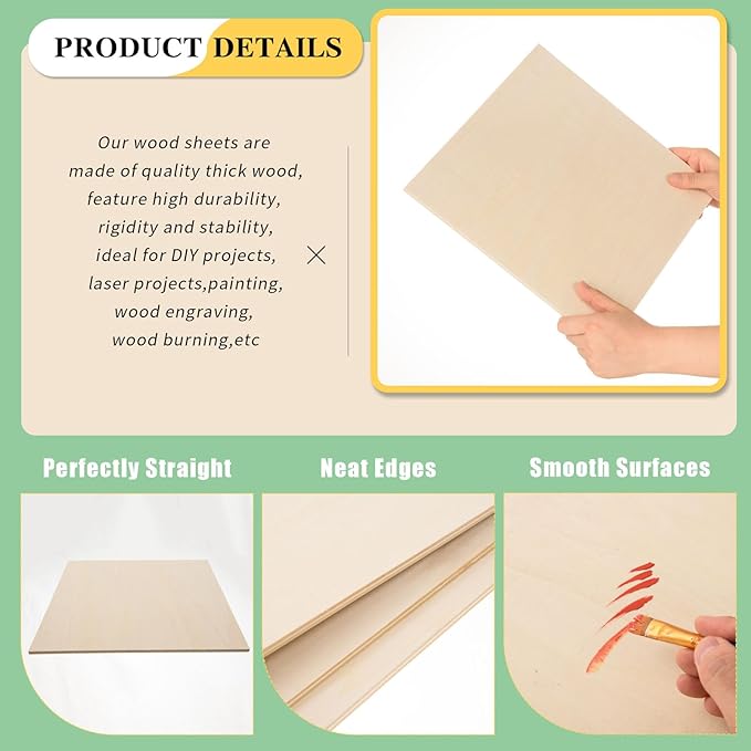 12 Pack 12 x 12 x 1/4 Inch-6mm Thick Basswood Sheets for Crafts Unfinished Plywood Boards Square Crafts Wood Sheets for DIY Laser Projects, Wood Burning, Engraving, Staining, Architectural Mode