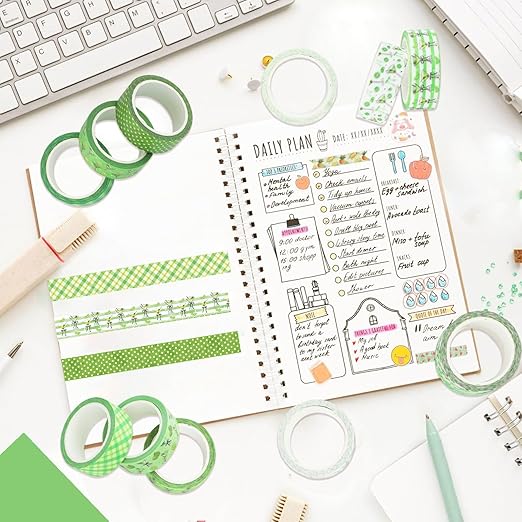 12 Rolls Greenery Washi Tape, Martini Bow Lemon Masking Tape, Checkered Martini Glass Decorative Sticker for Summer Party Afternoon Tea Scrapbook Journal DIY Craft Gift Wraps 16.4FT