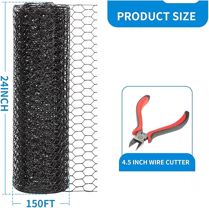 24'' x 150' Black Chicken Wire Mesh Fence, 20 Gauge Galvanized Poultry Netting and 1 inch Garden Mesh Fence Roll, Chicken Wire for Floral Arrangements/Crafts/Farm/Livestock/Pet Protection