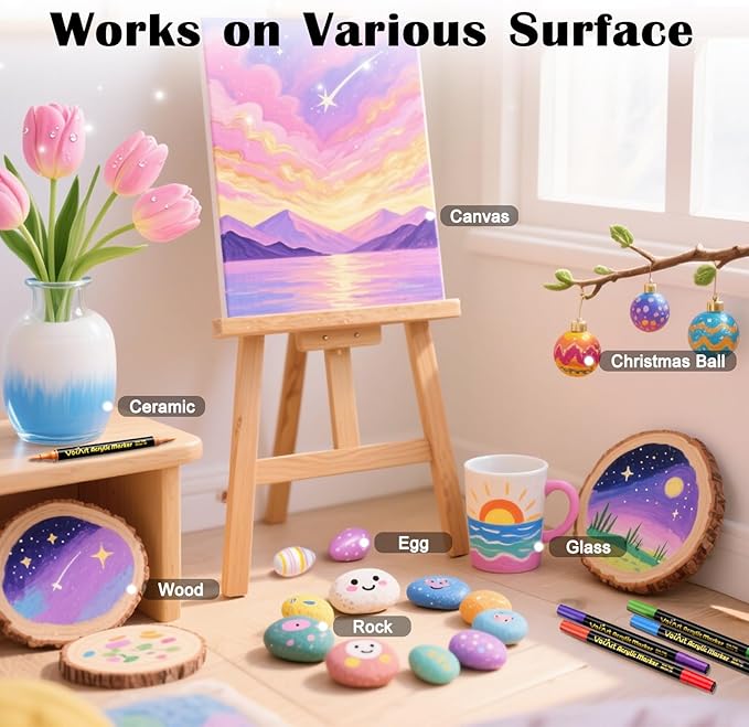 120 Colors Acrylic Paint Markers - 60 Dual Tip Brush Tip Acrylic Paint Markers Pens for Rock, Canvas, Ceramic, Wood, Glass, Paper - DIY Art Supplies for Artists, Kids, Adults, Holiday Decorations