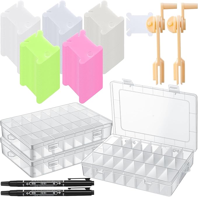 GlikCeil 507 Pcs Embroidery Floss Organizer Kit - 2 Removable 24-grid Thread Storage Boxes with Plastic Bobbins, 2 Bobbin Winders, Twin-tip Markers for Cross Stitch, DIY Sewing, Craft Storage