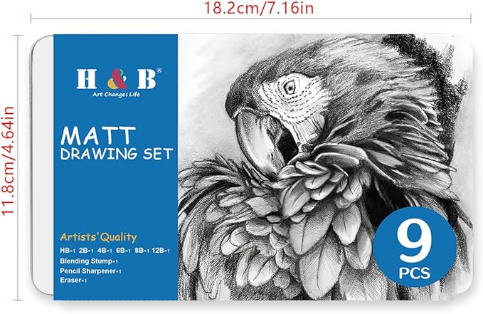 H & B Profession Sketch Pencils 9-Piece, Matte Sketch pencils, Sketch Pencil Set for Drawing, Shading, and Sketching for Beginners, Artists and professional artists