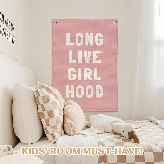 Toddler Girl Room decor,Long Live Girlhood Pink Linen Banner, Nursery Playroom Wall Hanging Flag Banner for Kids Bedroom Toddler Decorations Trendy Room Decor 18x25 Inch