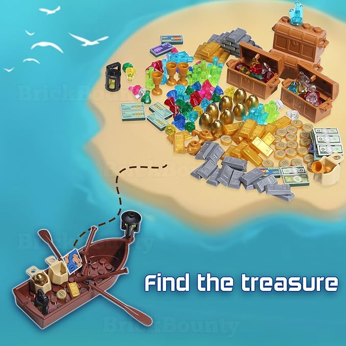 220 Pcs Pirate Treasure Money Parts Building Blocks, Expedition Wooden Boats Treasure-Maps, Cash Chests with Gold Nuggets, Pretend Play Dollar for Friends City Farm Series Bricks